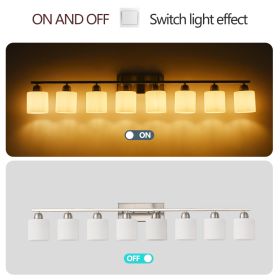 8-Light Bathroom Light Fixtures, 52inch Nickel Vanity Light With Milky White Glass Shade, Modern Bathroom Wall Lights Over Mirror, Farmhouse Wall Scon
