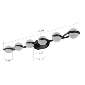 43in Black Minimalist LED Bathroom Vanity Light With Crystal Sand Acrylic Shades,6-Light Wall Mounted Decorative Lighting Fixture, Suitable For Bathro
