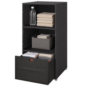 Valet Pool Towel Rack, Water-Resistant PE Plastic Rattan Wicker Storage Organizer, 2 Shelves, 1 Basket Drawer (Option: Brown-1190x165x640 mm)