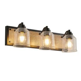 23 Farmhouse Vanity Light Fixture, 3-Light Bathroom Wall Sconce With Clear Seeded Glass Shades, Black And Wood Grain Finish, Modern Industrial De (Option: Default)