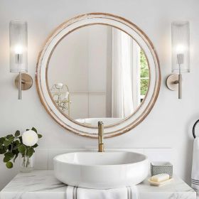 23.62 Inches Round Wall Mirror For Bathroom Vanity, Wooden Farmhouse Circle Mirrors For Bedroom, Entryway, Living Room, Kithen Whitewash Edge Dec (Option: Antique Natural)