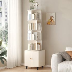 Rotating Bookshelf, 360 Degree Display 5 Tier Corner Bookshelf With Drawer For Small Space, Floor Standing Bookcase Storage Rack, Wood Narrow Org (Option: White)