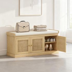 Shoe Storage Bench With Woven Rattan Doors, Shoe Bench (Option: Cream White Oak)