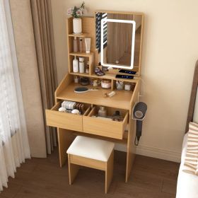 Vanity Table With LED-Illuminated Mirror, Power Outlet, Hairdryer Holder & Stool - Compact Dressing Desk For Small Bedrooms-Wood (Option: defaulttitle)