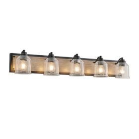 40  Farmhouse Vanity Light Fixture, 5-Light Bathroom Wall Sconce With Clear Seeded Glass Shades, Black And Wood Grain Finish, Modern Industrial D (Option: Default)
