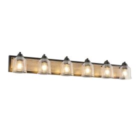 49   Farmhouse Vanity Light Fixture, 6-Light Bathroom Wall Sconce With Clear Seeded Glass Shades, Black And Wood Grain Finish, Modern Industrial (Option: Default)