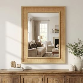 Natural Wood Color 24x36 Rattan Rectangle Solid Wood Frame Decorative Mirror,For Farmhouse,Bathroom,Home Decor,Entryway (Option: Natural Wood)